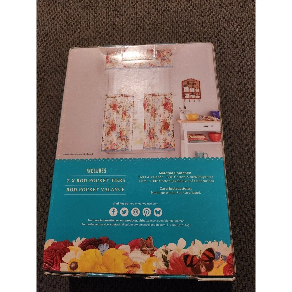 The Pioneer Woman Sweet Rose Kitchen Window Curtain & Valance 2 Piece Set Floral